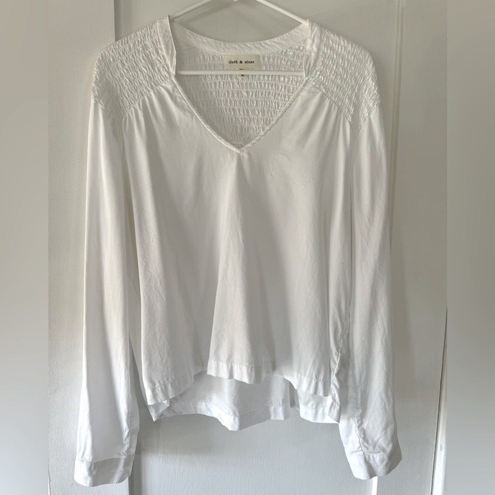 Anthropologie Cloth & Stone White V-Neck Smocked Blouse, Size M